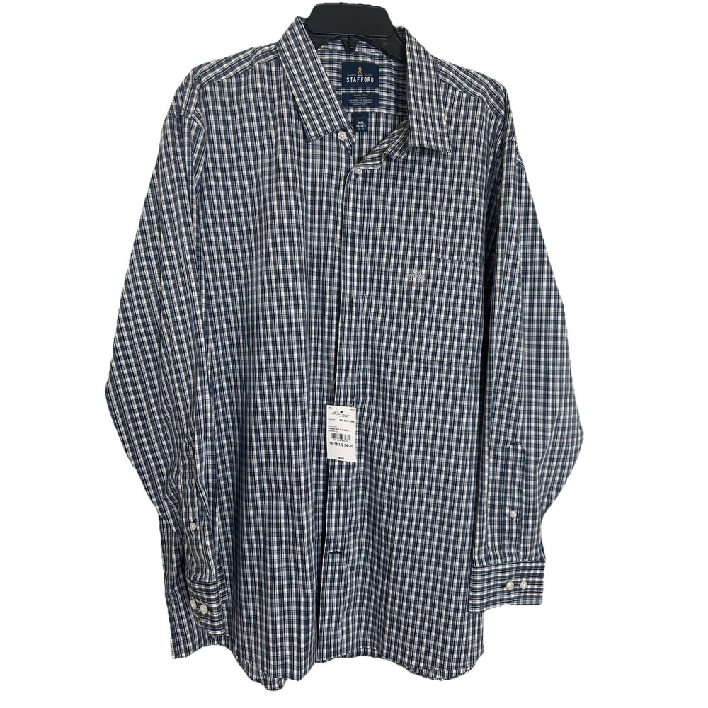 Stafford Smart Tech Slim‎ Fit Green/Blue Plaid Dress Shirt Sz XXL 18-18.5 34/35